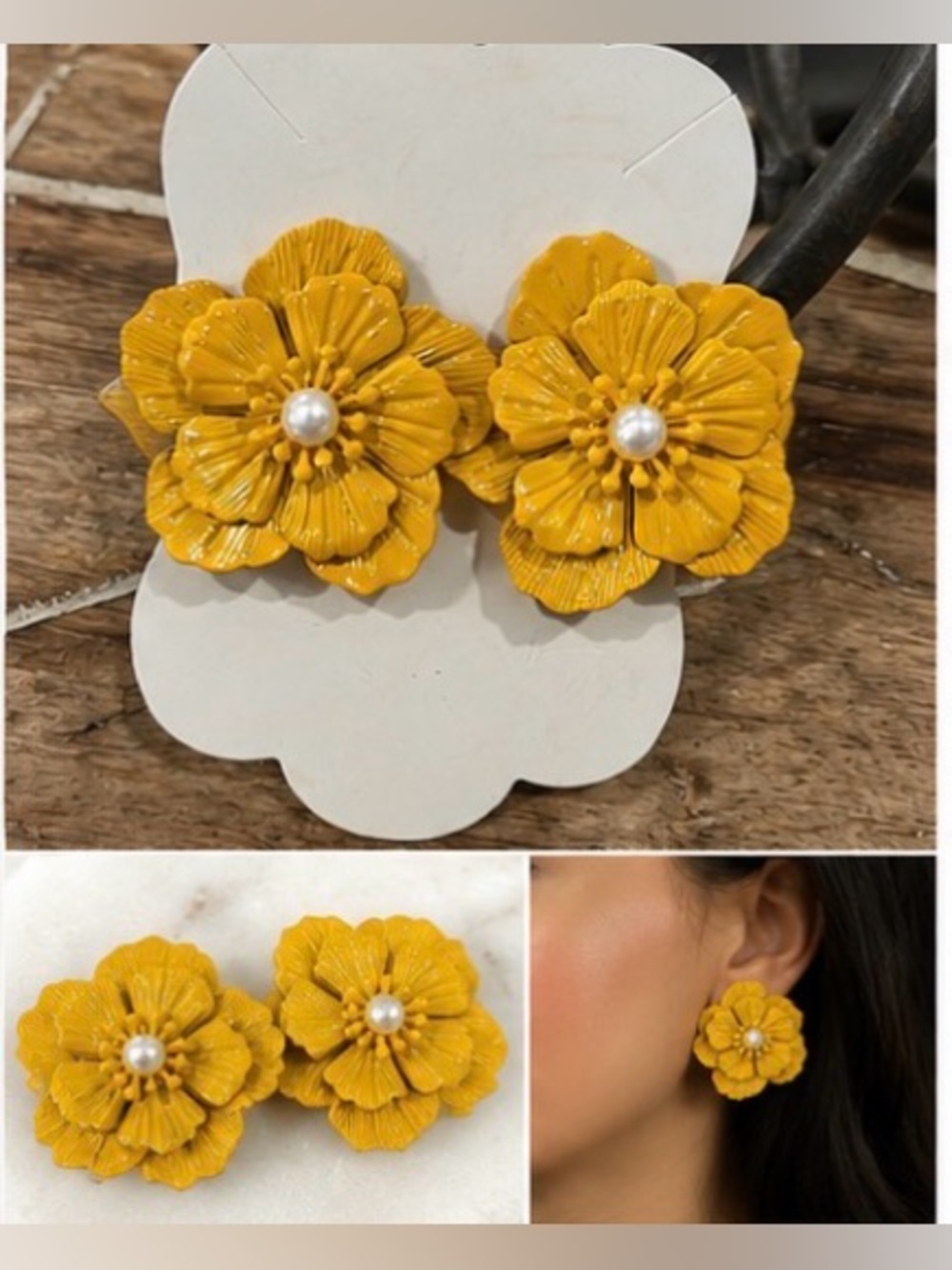 Yellow Flower Statement Earrings | Pearl-Look Center Floral Studs